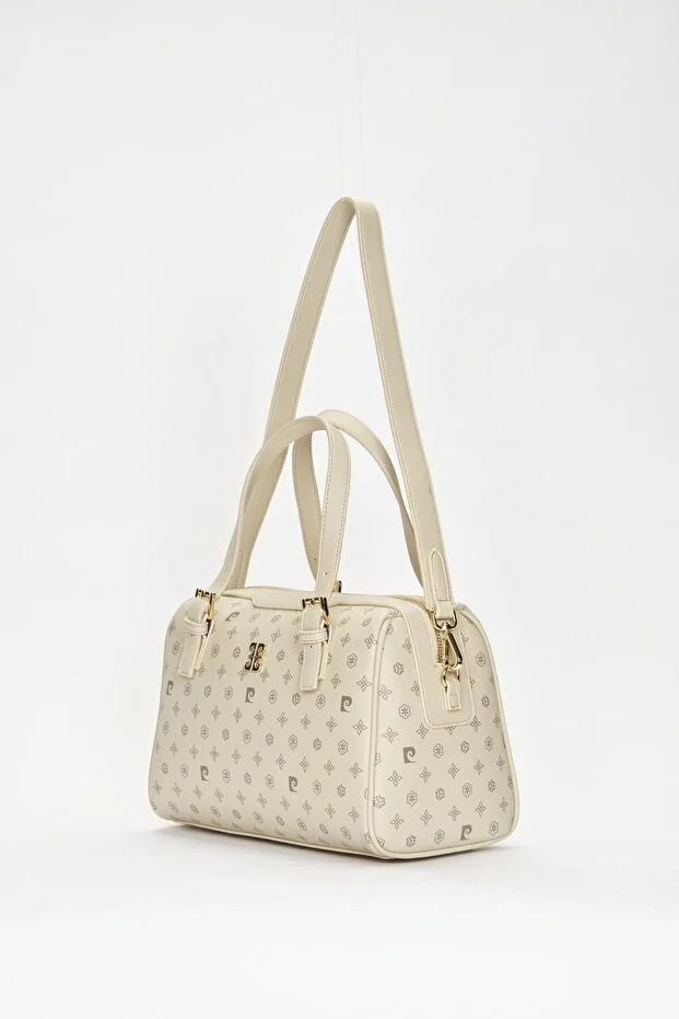 Elegant Beige Monogram Faux Leather Women's Shoulder Bag