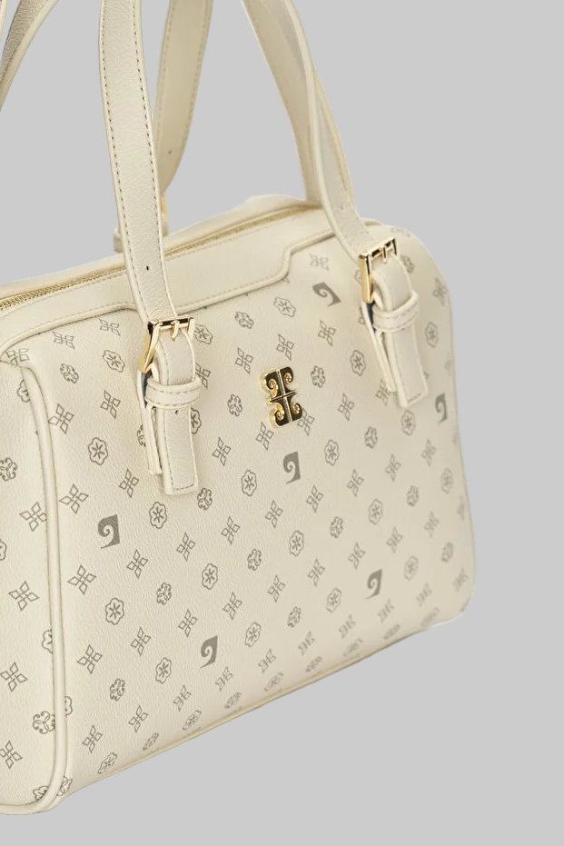 Elegant Beige Monogram Faux Leather Women's Shoulder Bag