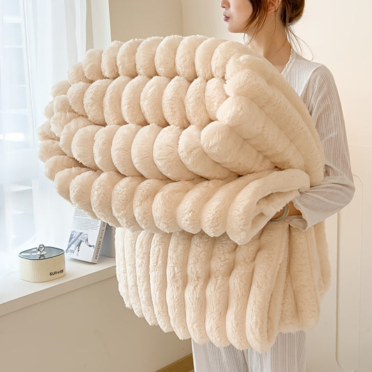 Warm Flannel Drawstring Blanket – Soft Imitation Rabbit Fur, Cozy & Versatile with Striped Pattern, Perfect for Napping, Office, Camping & All Seasons Gifts