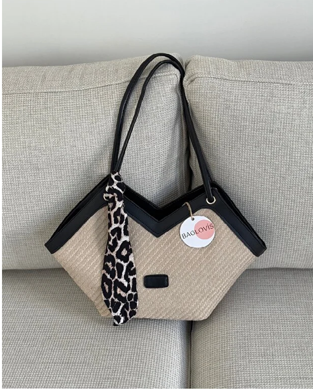 Chic Canvas Women's Shoulder Bag with Scarf Detail