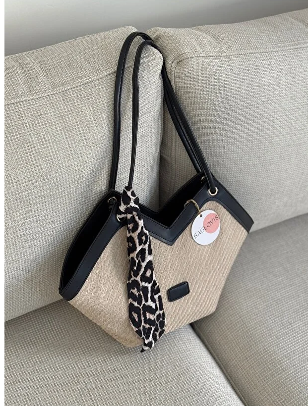 Chic Canvas Women's Shoulder Bag with Scarf Detail